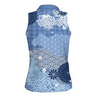 Blue Palaka Japanese Patterns Women Sleeveless Polo Shirt Asanoha Seigaiha Sakura Motif - Polynesian Pride