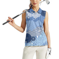 Blue Palaka Japanese Patterns Women Sleeveless Polo Shirt Asanoha Seigaiha Sakura Motif - Polynesian Pride
