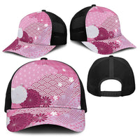 Pink Japanese Traditional Motifs Baseball Net Cap Palaka With Asanoha Seigaiha Sakura - Polynesian Pride