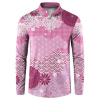 Pink Palaka Japanese Patterns Button Sweatshirt Asanoha Seigaiha Sakura Motif - Polynesian Pride