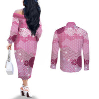 Pink Palaka Japanese Patterns Couples Matching Off The Shoulder Long Sleeve Dress and Long Sleeve Button Shirt Asanoha Seigaiha Sakura Motif - Polynesian Pride