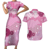 Pink Palaka Japanese Patterns Couples Matching Short Sleeve Bodycon Dress and Hawaiian Shirt Asanoha Seigaiha Sakura Motif - Polynesian Pride