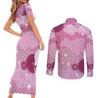 Pink Palaka Japanese Patterns Couples Matching Short Sleeve Bodycon Dress and Long Sleeve Button Shirt Asanoha Seigaiha Sakura Motif - Polynesian Pride