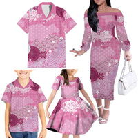 Pink Palaka Japanese Patterns Family Matching Off The Shoulder Long Sleeve Dress and Hawaiian Shirt Asanoha Seigaiha Sakura Motif - Polynesian Pride