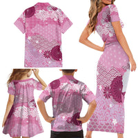 Pink Palaka Japanese Patterns Family Matching Short Sleeve Bodycon Dress and Hawaiian Shirt Asanoha Seigaiha Sakura Motif - Polynesian Pride