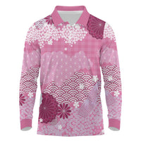 Pink Palaka Japanese Patterns Long Sleeve Polo Shirt Asanoha Seigaiha Sakura Motif - Polynesian Pride