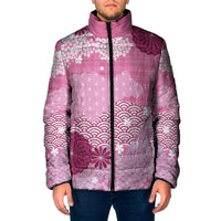 Pink Palaka Japanese Patterns Padded Jacket Asanoha Seigaiha Sakura Motif - Polynesian Pride