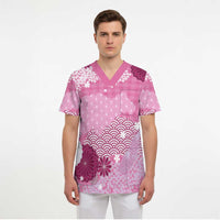 Pink Palaka Japanese Patterns Scrub Top Asanoha Seigaiha Sakura Motif - Polynesian Pride