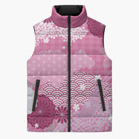 Pink Palaka Japanese Patterns Sleeveless Puffer Jacket Asanoha Seigaiha Sakura Motif - Polynesian Pride