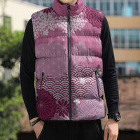 Pink Palaka Japanese Patterns Sleeveless Puffer Jacket Asanoha Seigaiha Sakura Motif - Polynesian Pride
