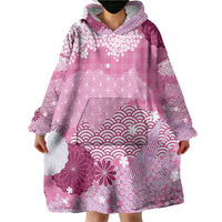 Pink Palaka Japanese Patterns Wearable Blanket Hoodie Asanoha Seigaiha Sakura Motif - Polynesian Pride