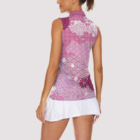 Pink Palaka Japanese Patterns Women Sleeveless Polo Shirt Asanoha Seigaiha Sakura Motif - Polynesian Pride