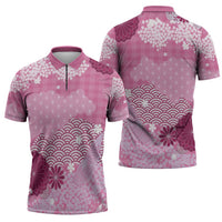 Pink Palaka Japanese Patterns Zipper Polo Shirt Asanoha Seigaiha Sakura Motif - Polynesian Pride
