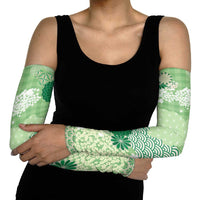 Green Palaka Japanese Patterns Arm Sleeves Asanoha Seigaiha Sakura Motif - Polynesian Pride