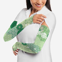 Green Palaka Japanese Patterns Arm Sleeves Asanoha Seigaiha Sakura Motif - Polynesian Pride