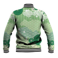 Green Palaka Japanese Patterns Baseball Jacket Asanoha Seigaiha Sakura Motif - Polynesian Pride