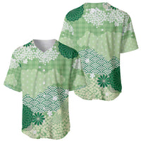 Green Palaka Japanese Patterns Baseball Jersey Asanoha Seigaiha Sakura Motif - Polynesian Pride