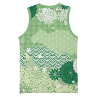 Green Palaka Japanese Patterns Basketball Jersey Asanoha Seigaiha Sakura Motif - Polynesian Pride