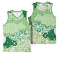 Green Palaka Japanese Patterns Basketball Jersey Asanoha Seigaiha Sakura Motif - Polynesian Pride