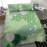 Green Palaka Japanese Patterns Bedding Set Asanoha Seigaiha Sakura Motif - Polynesian Pride