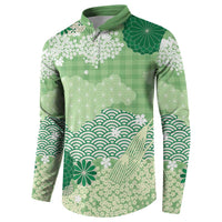 Green Palaka Japanese Patterns Button Sweatshirt Asanoha Seigaiha Sakura Motif - Polynesian Pride