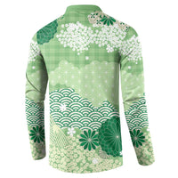 Green Palaka Japanese Patterns Button Sweatshirt Asanoha Seigaiha Sakura Motif - Polynesian Pride