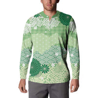 Green Palaka Japanese Patterns Button Sweatshirt Asanoha Seigaiha Sakura Motif - Polynesian Pride