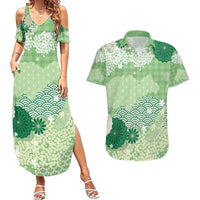 Green Palaka Japanese Patterns Couples Matching Summer Maxi Dress and Hawaiian Shirt Asanoha Seigaiha Sakura Motif - Polynesian Pride