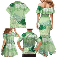 Green Palaka Japanese Patterns Family Matching Mermaid Dress and Hawaiian Shirt Asanoha Seigaiha Sakura Motif - Polynesian Pride