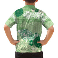 Green Palaka Japanese Patterns Family Matching Puletasi and Hawaiian Shirt Asanoha Seigaiha Sakura Motif - Polynesian Pride