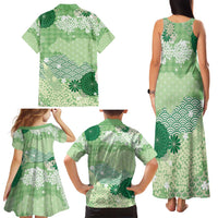 Green Palaka Japanese Patterns Family Matching Tank Maxi Dress and Hawaiian Shirt Asanoha Seigaiha Sakura Motif - Polynesian Pride