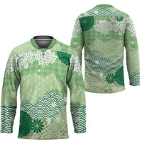 Green Palaka Japanese Patterns Hockey Jersey Asanoha Seigaiha Sakura Motif - Polynesian Pride