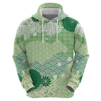 Green Palaka Japanese Patterns Hoodie Asanoha Seigaiha Sakura Motif - Polynesian Pride