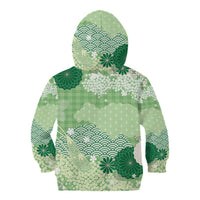 Green Palaka Japanese Patterns Kid Hoodie Asanoha Seigaiha Sakura Motif - Polynesian Pride