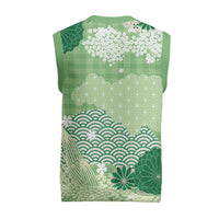 Green Palaka Japanese Patterns Christmas Knitted V-Neck Vest Asanoha Seigaiha Sakura Motif - Polynesian Pride
