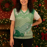 Green Palaka Japanese Patterns Christmas Knitted V-Neck Vest Asanoha Seigaiha Sakura Motif - Polynesian Pride
