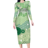 Green Palaka Japanese Patterns Long Sleeve Bodycon Dress Asanoha Seigaiha Sakura Motif - Polynesian Pride