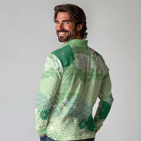 Green Palaka Japanese Patterns Long Sleeve Polo Shirt Asanoha Seigaiha Sakura Motif - Polynesian Pride