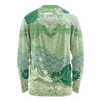Green Palaka Japanese Patterns Long Sleeve Shirt Asanoha Seigaiha Sakura Motif - Polynesian Pride
