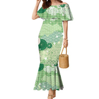 Green Palaka Japanese Patterns Mermaid Dress Asanoha Seigaiha Sakura Motif - Polynesian Pride