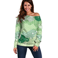 Green Palaka Japanese Patterns Off Shoulder Sweater Asanoha Seigaiha Sakura Motif - Polynesian Pride