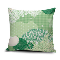 Green Palaka Japanese Patterns Pillow Cover Asanoha Seigaiha Sakura Motif - Polynesian Pride