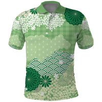 Green Palaka Japanese Patterns Polo Shirt Asanoha Seigaiha Sakura Motif - Polynesian Pride