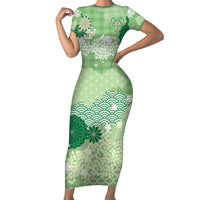 Green Palaka Japanese Patterns Short Sleeve Bodycon Dress Asanoha Seigaiha Sakura Motif - Polynesian Pride