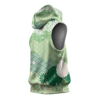 Green Palaka Japanese Patterns Sleeveless Hoodie Asanoha Seigaiha Sakura Motif - Polynesian Pride
