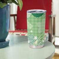 Green Palaka Japanese Patterns Tumbler Cup Asanoha Seigaiha Sakura Motif - Polynesian Pride