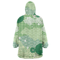 Green Palaka Japanese Patterns Wearable Blanket Hoodie Asanoha Seigaiha Sakura Motif - Polynesian Pride