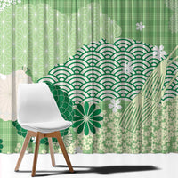 Green Palaka Japanese Patterns Window Curtain Asanoha Seigaiha Sakura Motif - Polynesian Pride