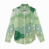 Green Palaka Japanese Patterns Women Casual Shirt Asanoha Seigaiha Sakura Motif - Polynesian Pride