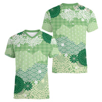 Green Palaka Japanese Patterns Women V-Neck T-Shirt Asanoha Seigaiha Sakura Motif - Polynesian Pride